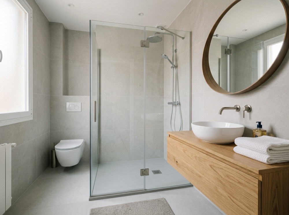 Baño reformado con plato de ducha y mueble de roble
